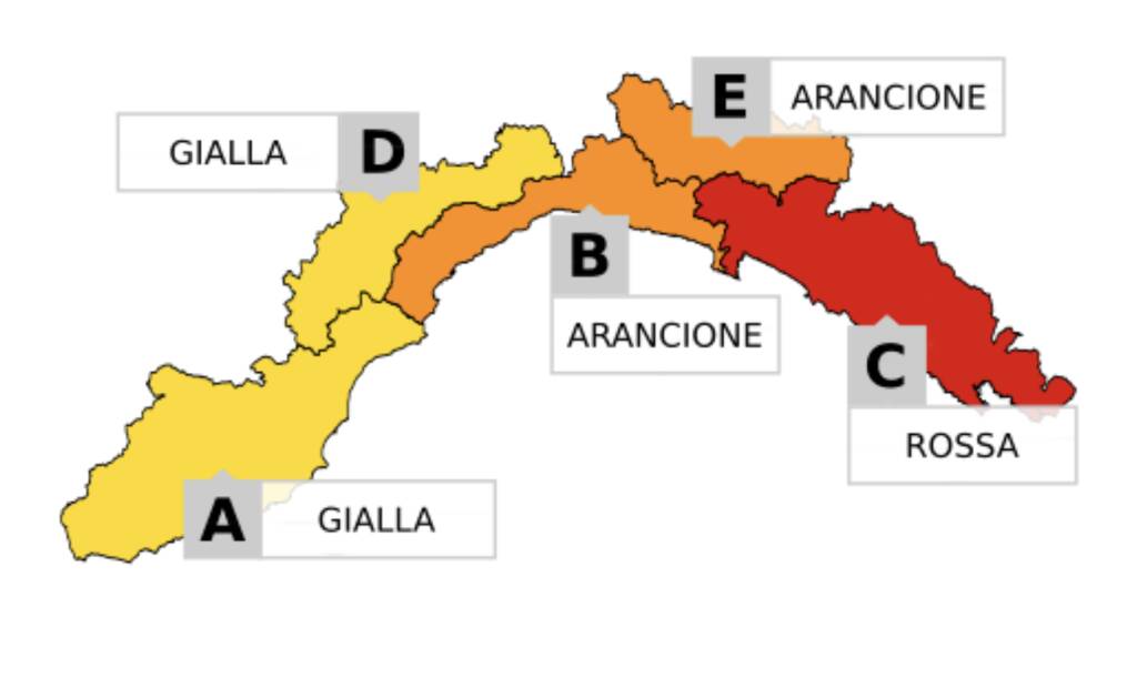 mappa Liguria con colori delle allerte per zone