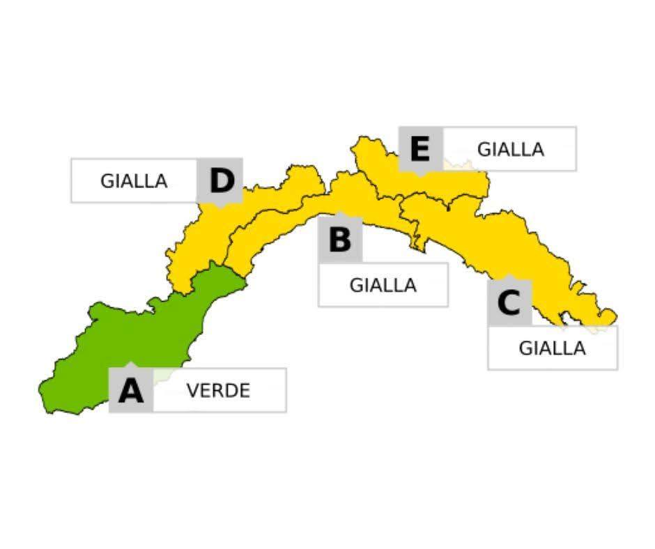 cartina della Liguria con evidenziate le zone in allerta gialla