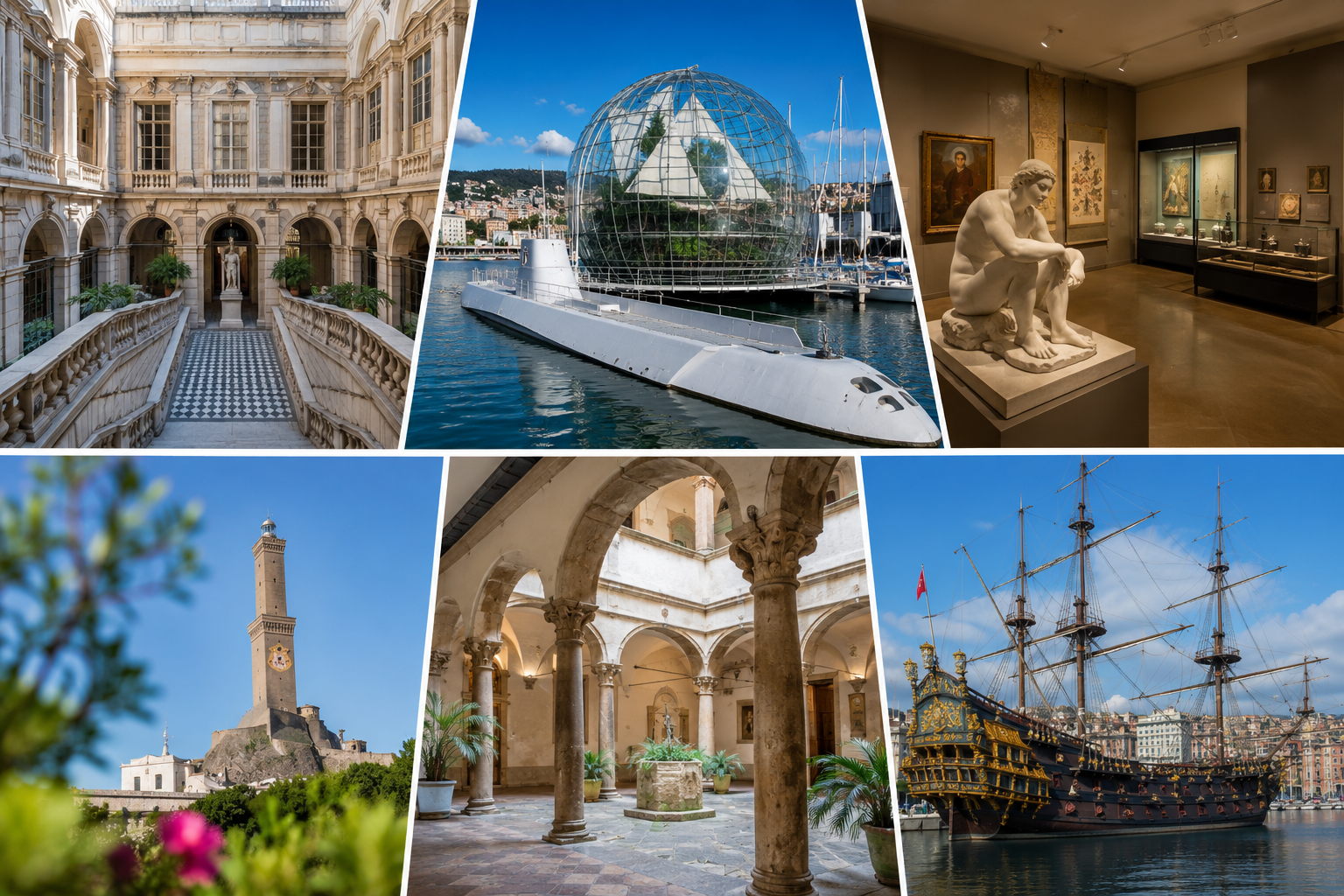 Collage of images featuring Genoa’s museums and cultural landmarks, including historic palaces, museum interiors, the Lanterna lighthouse and the port.