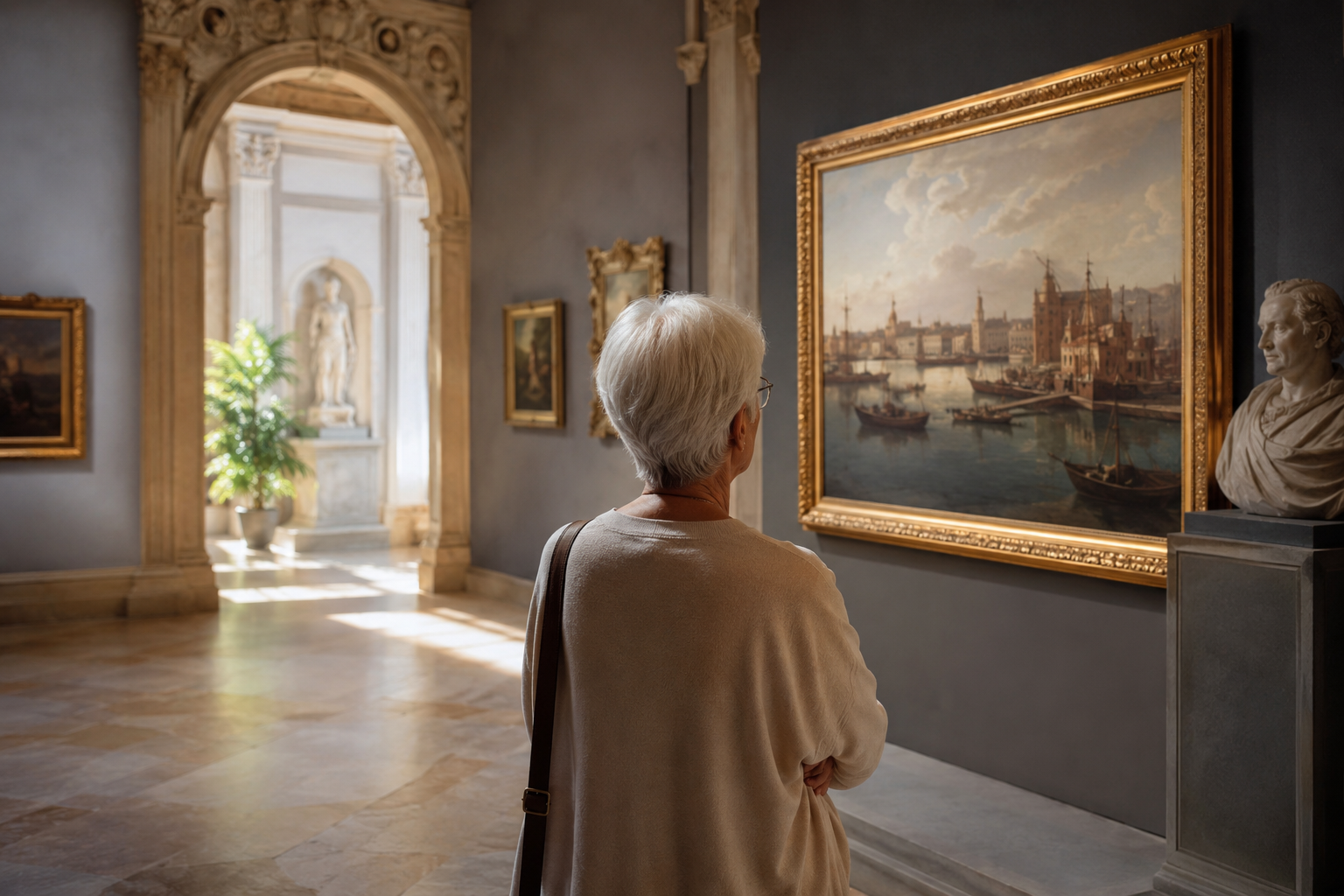 Una visitatrice ammira un'opera d'arte in una luminosa sala museale, immersa nella quiete e nella bellezza del patrimonio culturale.